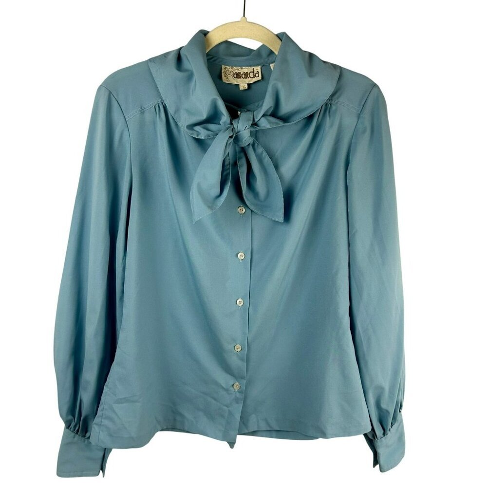 Vintage 70s Amanda Blouse Women Medium‎ Blue Long Sleeve Button Boho Cottagecore